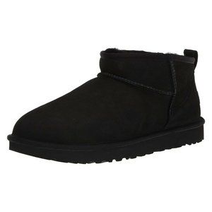 Size 7 UGG Women Classic Ultra Mini Black Boot Leather Suede Fur Shearling